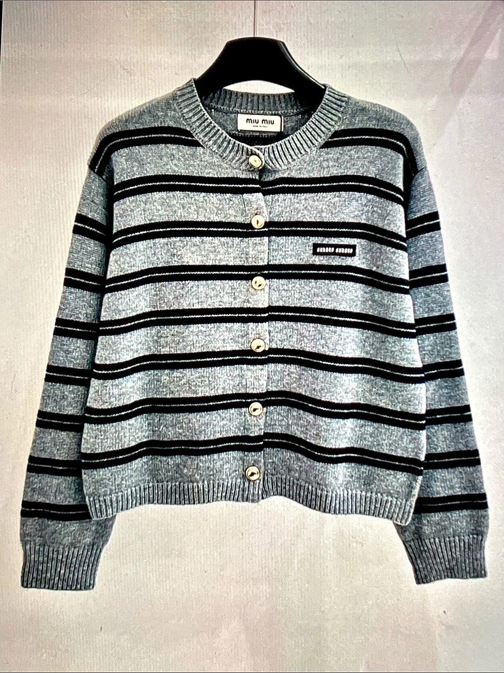 Miu Miu Cashmere Cardigan Striped Crew Neck Gray & Black